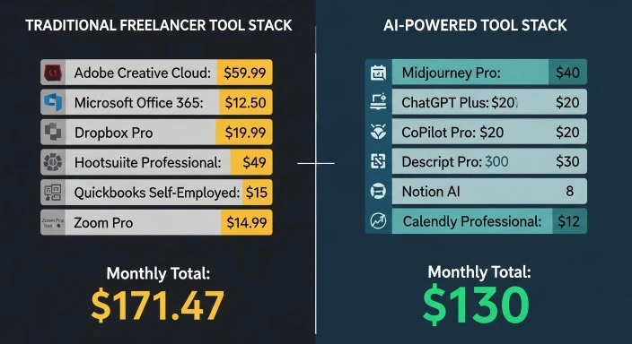 Comparison infographic showing traditional vs AI-powered freelancer tools and monthly costs