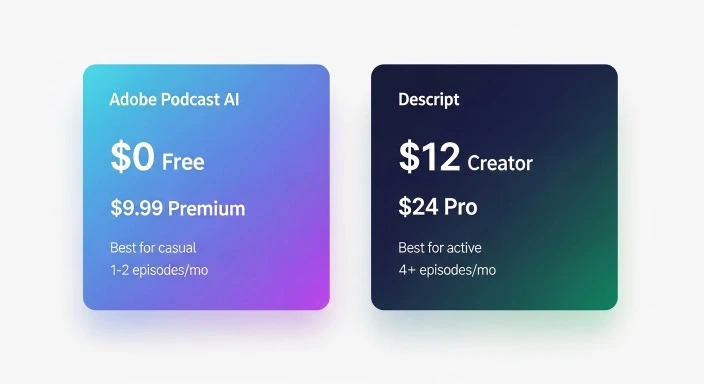Descript versus Adobe Podcast AI pricing comparison 2026 monthly cost podcasters