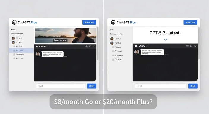 ChatGPT Plus worth it comparison showing Free vs Plus interface differences and pricing options 2026