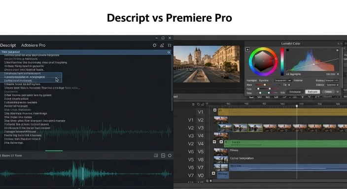 Descript vs Adobe Premiere Pro AI video editing comparison interface 2026